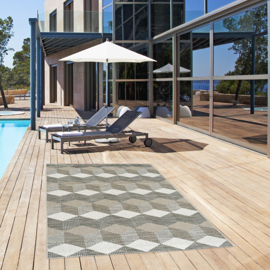 Tapis graphique Essenza Marron - Cubes 3D - terrasse et piscine