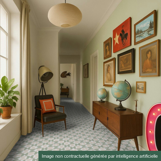 Motif géométrique vert et crème du sol Atelier Bauhaus vert dans un couloir chaleureux