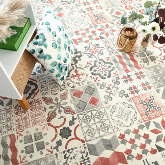 Vue de dessus du Sol Lino - Carreaux de ciment - Rouge brique et ses motifs décoratifs rouge brique et gris