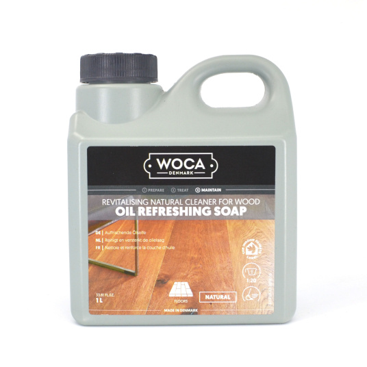 Régénérant pour huile Naturel Woca, bidon avec bouchon gris et étiquette orange pour l'entretien des parquets huilés