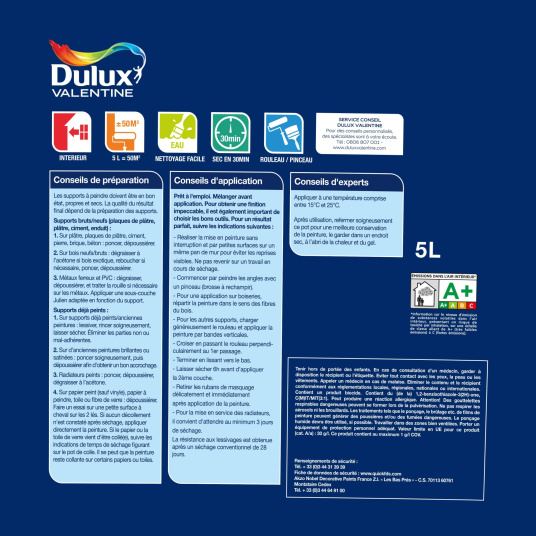 Dulux Valentine Le Blanc Tous Supports - Crème de Peinture - Mat Blanc - étiquette