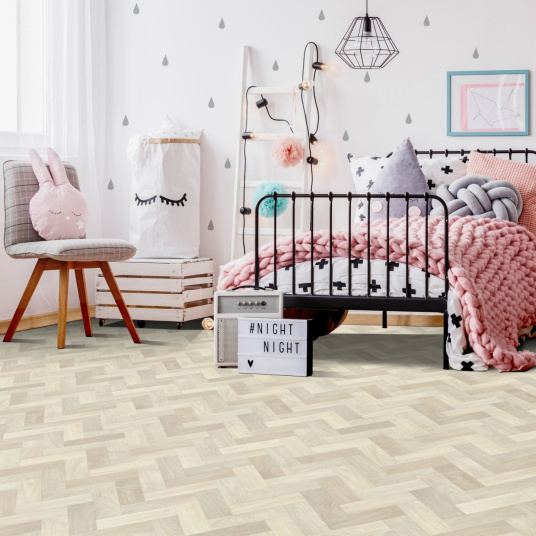 Sol Vinyle Textile Rénove - Imitation Parquet Chevrons bâtons rompus chêne blanchi - Chambre