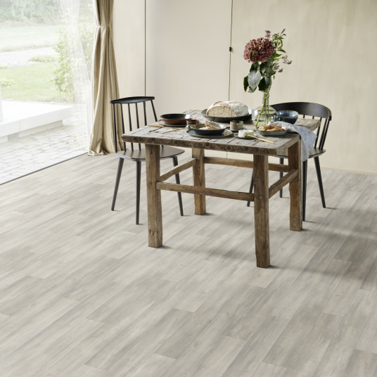 Sol Vinyle Textile Grande largeur - Parquet trait de scie - Chêne gris blanchi - salle à manger