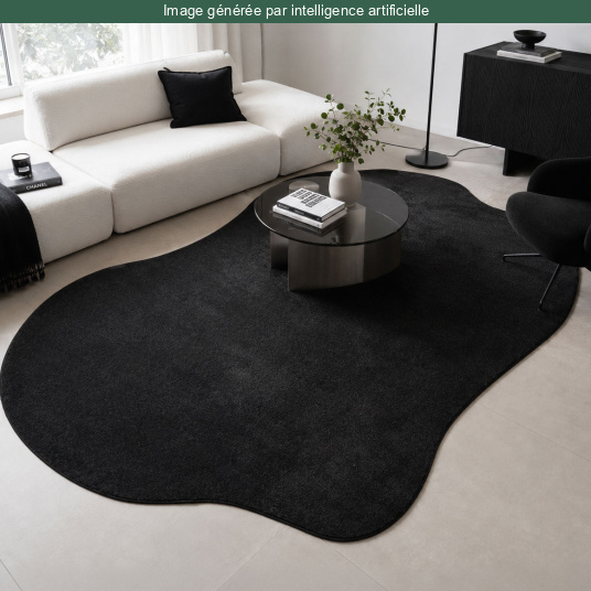 Tapis contemporain de forme organique Hypnose - Noir velours sur tapis en fibres naturelles dans un salon raffiné