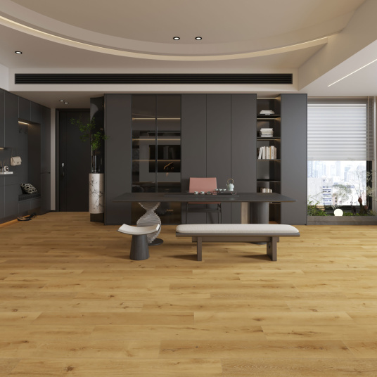 Sol parquet vinyle rigide ultime clipsable XXL Old Brown posé dans un grand espace de vie moderne