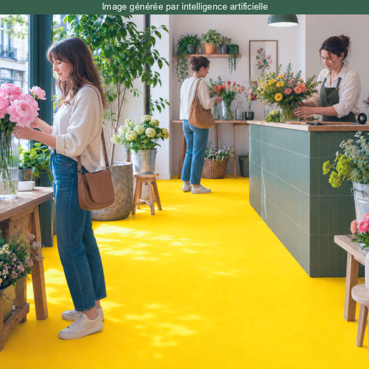 Moquette Stand Event - Jaune dans une boutique de fleurs avec allée centrale aux couleurs éclatantes