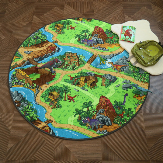 Tapis rond de jeu enfant circuit volcans et dinosaures