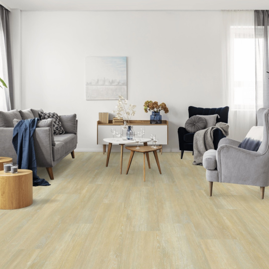 Lames sol PVC plombantes acoustiques chêne clair cérusé pour espace détente contemporain