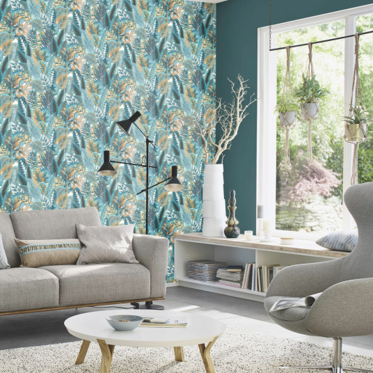Papier peint vinyle sur intissé - Néo Jungle - Feuilles exotiques bleues - salon