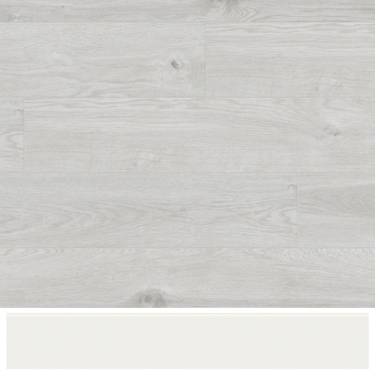 Ensemble sol stratifié bois gris clair et plinthe blanche modèle T pour présentation harmonisée