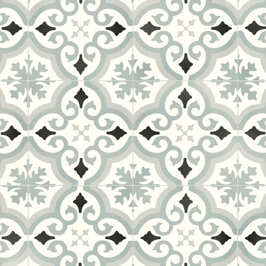 Sol Vinyle Textile Rénove acoustique - Effet carreaux de ciment arabesque gris bleuté