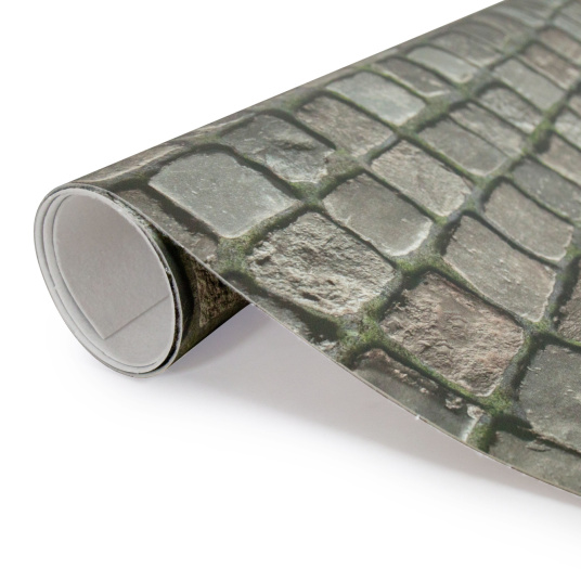 Rouleau de Sol Vinyle Textile - Relief 3D - Imprimé pavés anciens de ville, décor haute définition et texture surfacée