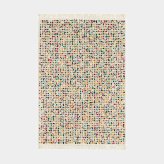 Tapis aux  teintes vives jaune, bleu, vert et framboise, motif berbère à franges Tribus du désert Multicolor