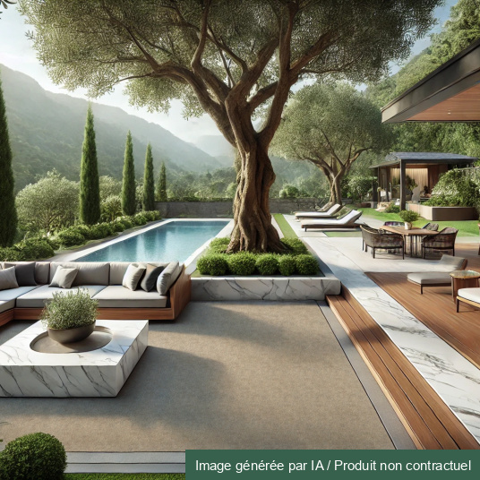 Mise en situation de la moquette d’extérieur beige sable sur une terrasse contemporaine