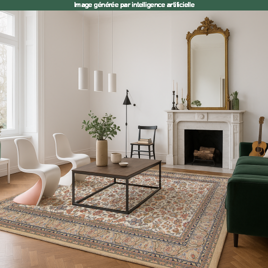 Tapis Mamie in love corail doux dans un salon lumineux avec cheminée et canapé vert
