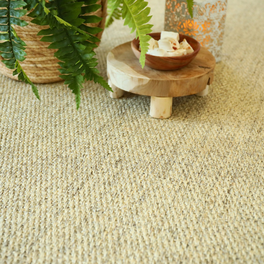 Plantes vertes et coupelle en bois sur sol naturel sisal Tulum écru