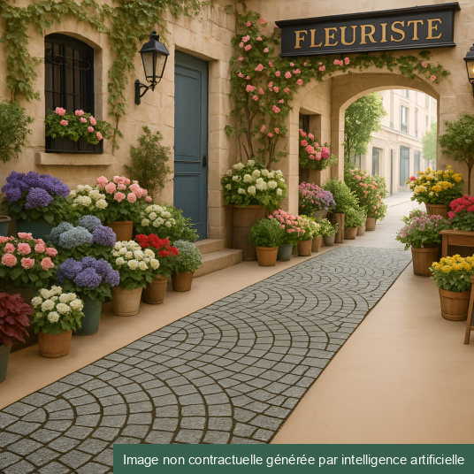 Allée Stand imprimée Pavés à la Parisienne en décoration extérieure devant boutique fleuriste