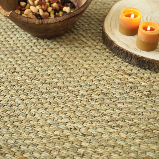 Tapis Jonc de mer Kalapa fin panama ganse coton taupe - gros plan