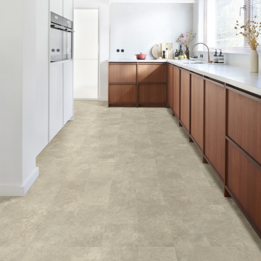 Sol Vinyle Textile Grande largeur - Carrelage pierre naturelle - Travertin crème - cuisine