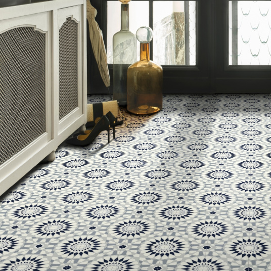 Sol Vinyle Style - Carreaux de ciment motif mosaïque bleu - entrée