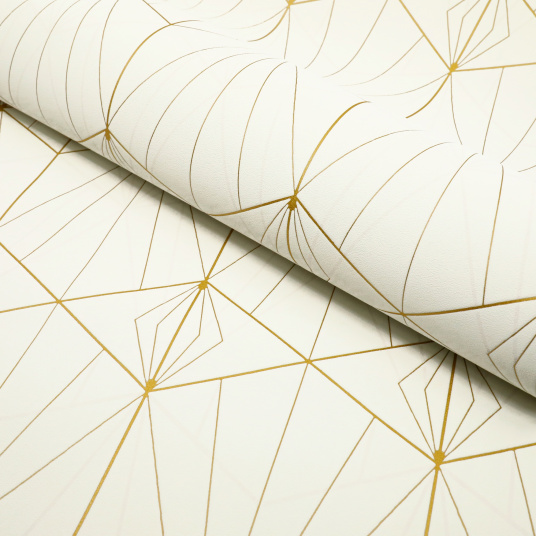 Papier peint vinyle sur intissé - Art déco - Crème motif géométrique or - Rouleau