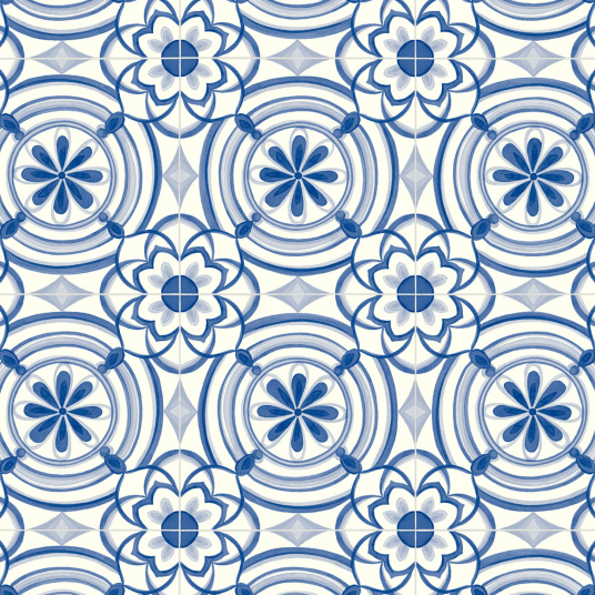 Sol Vinyle Textile Rénove - Effet carreaux de ciment Andalousie - Bleu, motif géométrique floral inspiré des azulejos