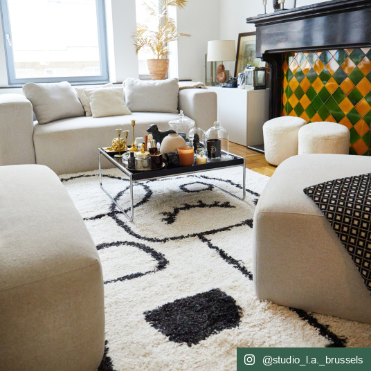 Tapis de salon à poils longs - Line art - Noir et blanc cassé - salon