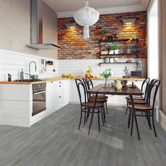 Sol Vinyle Textile Grande largeur - Parquet trait de scie - Chêne gris - cuisine