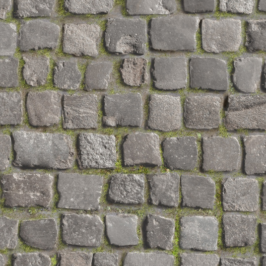 Sol Vinyle Textile - Relief 3D - Imprimé motif pavés anciens de ville quadrillés avec joints légèrement mousseux, rendu haute définition