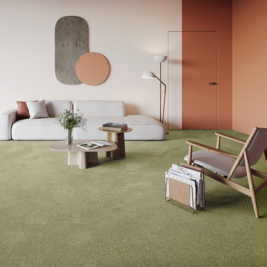Tapis Re-life vert kaki en polyester recyclé, format sur mesure pour salon
