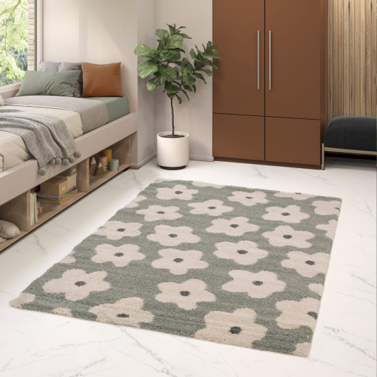 Tapis motif floral maximaliste - Apolline - Gris bleuté - salon