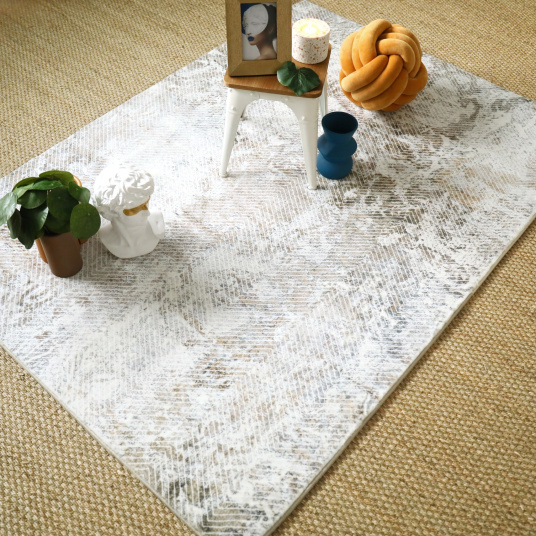 Tapis salon en velours Archi blanc marbré marron et camel - vue de loin