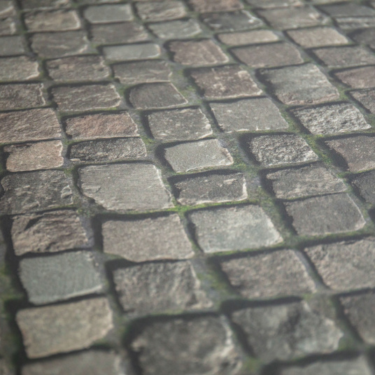 Sol Vinyle Textile - Relief 3D - Imprimé pavés anciens de ville en perspective, montrant l’effet relief et la profondeur du décor