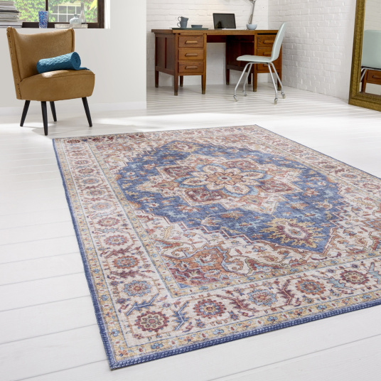 Tapis doux à motif oriental - Leïla - Marron et bleu - bureau