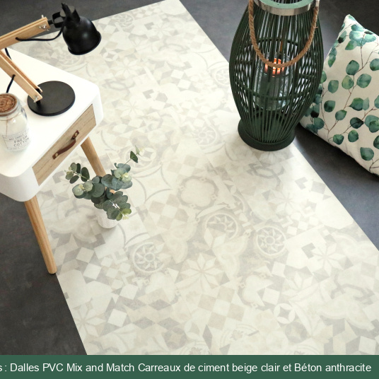 Mise en situation cosy – sol en dalles PVC Mix and Match - Click 5G - Carreaux de ciment beige clair