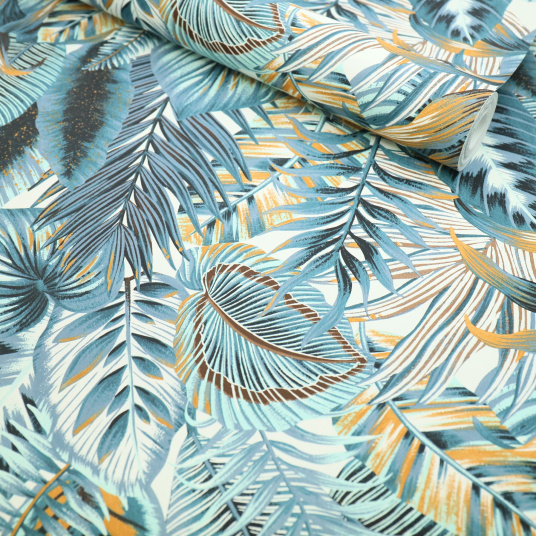 Papier peint vinyle sur intissé - Néo Jungle - Feuilles exotiques bleues