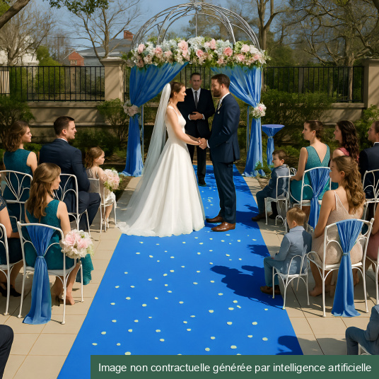 Moquette filmée Stand Event Bleu azur utilisée comme tapis de cérémonie