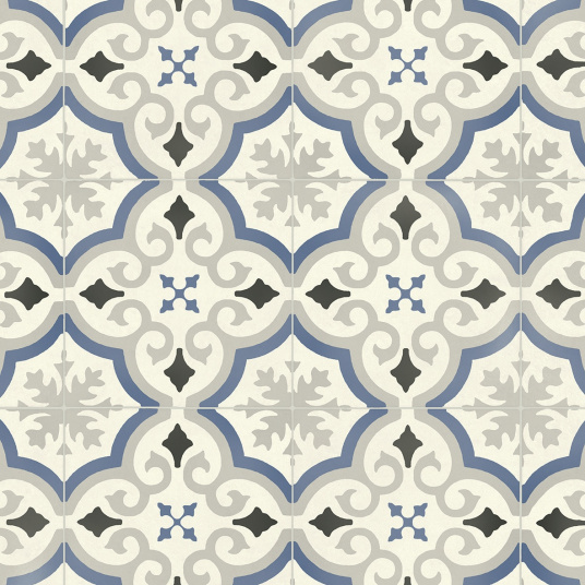 Sol Vinyle Textile Rénove - Effet carreaux de ciment arabesques bleu et gris