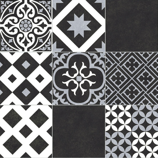 Détail de la surface brillante du revêtement Link Plus - Carreaux de ciment noir et blanc