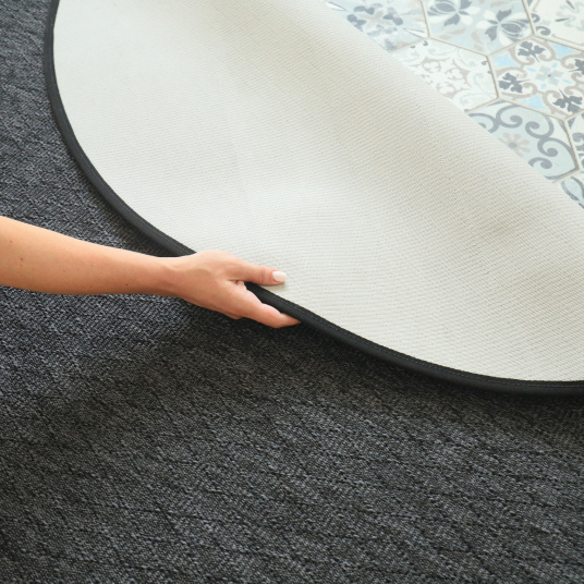 Tapis rond intérieur et extérieur Timika gris ardoise galon noir - envers