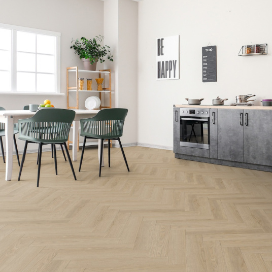 Parquet vinyle rigide Ultime - Pose clipsable bâton rompu - Chêne amande - cuisine
