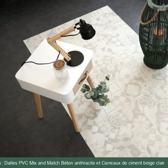 Vue décorative : sol Dalle Mix and Match - Béton anthracite et carreaux de ciment clair