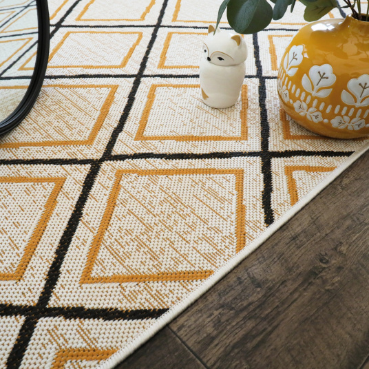 Tapis d'extérieur ou de salon - Motifs losanges - Jaune et noir - Tranche
