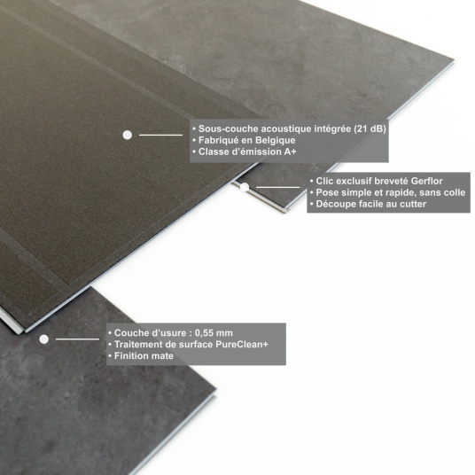 Dalle vinyle - Gerflor Senso Premium Rigid Acoustic - Grey marble avec vue en perspective de sa conception et de sa sous-couche acoustique