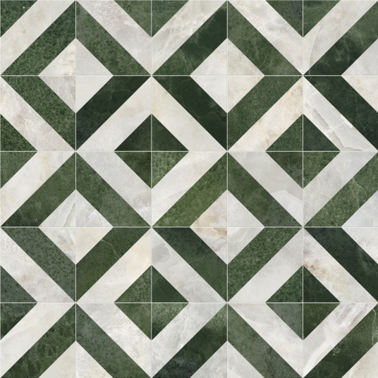 Zoom sur le design géométrique du sol PVC éco-conçu losanges de marbre verts et blancs