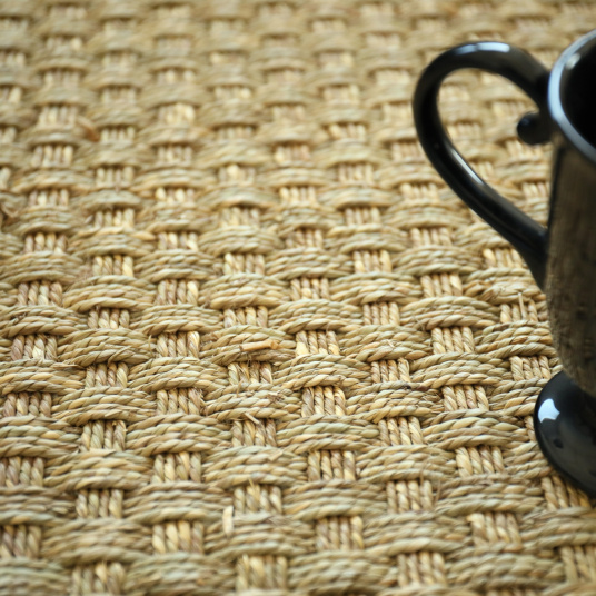 Tapis jonc de mer Paro fin natté 4x4 ganse coton anthracite - gros plan