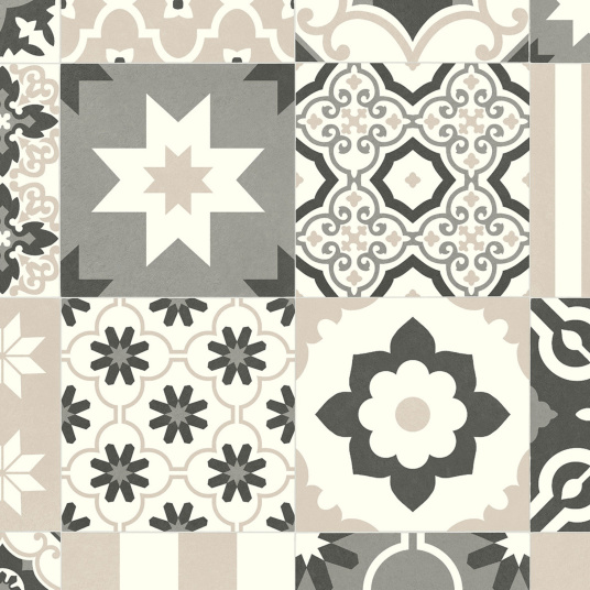 Zoom sur les motifs rétro revisités du revêtement Sol Vinyle Élite – Sépia en carreaux de ciment