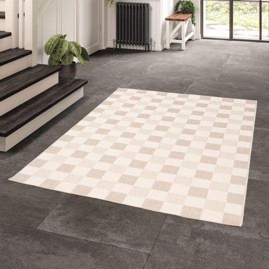 Tapis motif damier en matière recyclée - Andy - Beige - couloir
