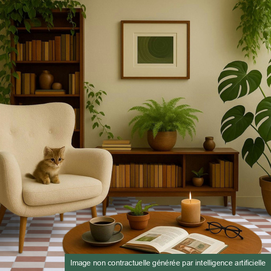 Ambiance cosy avec sol vinyle Mood vichy terracotta et fauteuil rétro, plantes et livres