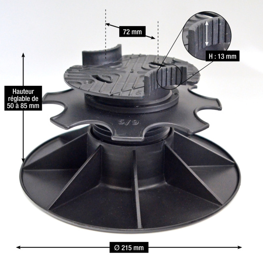 Plot terrasse - Lambourde larg. max. 72 mm - Hauteur réglable de 5 à 8,5 cm - Schéma du plot